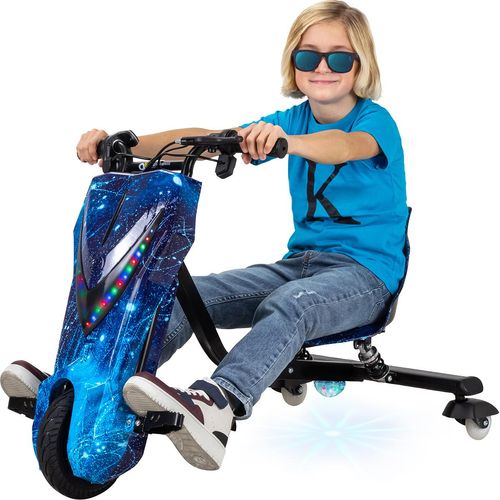 Kinder Elektro Drift Trike | Drift Scooter - Bis zu 15km/h - LED Driftrollen 360° - Hupe - Drosselbar (Space Blue)