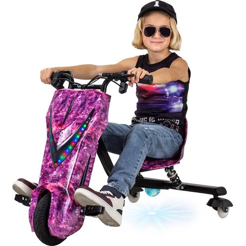 Kinder Elektro Drift Trike | Drift Scooter - Bis zu 15km/h - LED Driftrollen 360° - Hupe - Drosselbar (Space Purple)