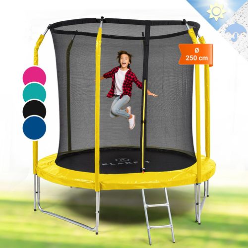 Klarfit Kinder Trampolin Indoor/Outdoor, Kleines Trampolin für Kinder, Kindertrampolin Rutschfest, Trampolin mit Leiter, Randabdeckung und Sicherheitsnetz, UV-Beständiges Trampolin Klein, 250cm