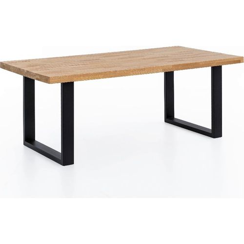 Esstisch 180x100x76cm Kernbuche keilgezinkt, gerade Kante, U-Gestell Edelstahlfarben