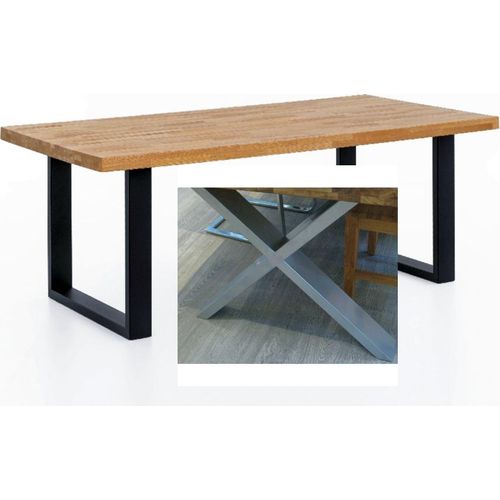 Esstisch 240x100x76cm Kernbuche keilgezinkt, gerade Kante, X-Gestell Edelstahlfarben