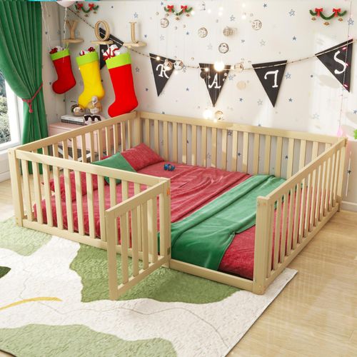 Kinderbett mit Zaun und Tür, ohne Lattenrost, 140x200 cm, Babybett mit Rausfallschutz, Holzbett, Einzelbett