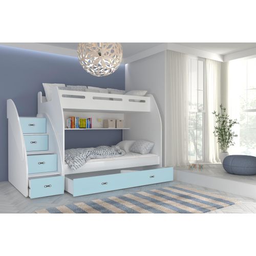 Hochbett, Kinderbett , Etagenbett ZU mit Matratze , Farbe Weiß/Blau. Treppe beide seitig montierbar