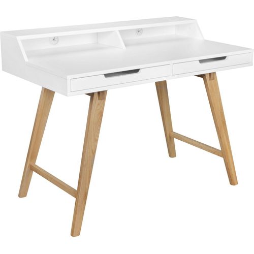 Schreibtisch 110 x 85 x 60 cm MDF-Holz skandinavisch weiß matt Arbeitstisch | Design Laptoptisch mit Kabeldurchlass | Bürotisch mit Eiche-Beinen