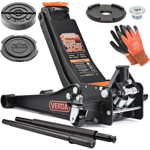 Wagenheber 3T + 2x Gummi + Montagehandschuhe Extra Flacher Rangierwagenheber mit Doppelkolben Heber Ständer SN8015 (75-515 mm)