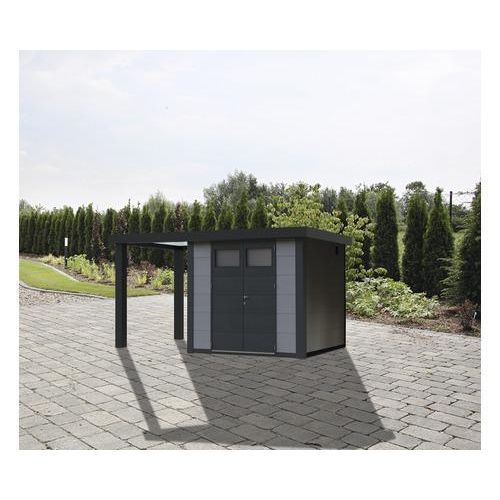 Gartenhaus Classico 3024 inkl. Regenrinne mit Seitendach links 486 x 259 cm lichtgrau