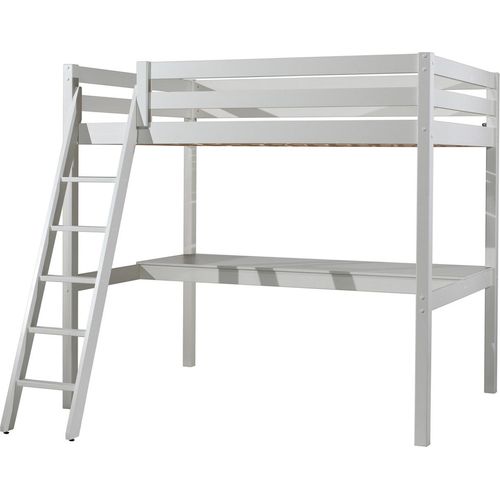 Hochbett mit Schreibplatte Kiefer Weiß lackiert 90 x 200 cm