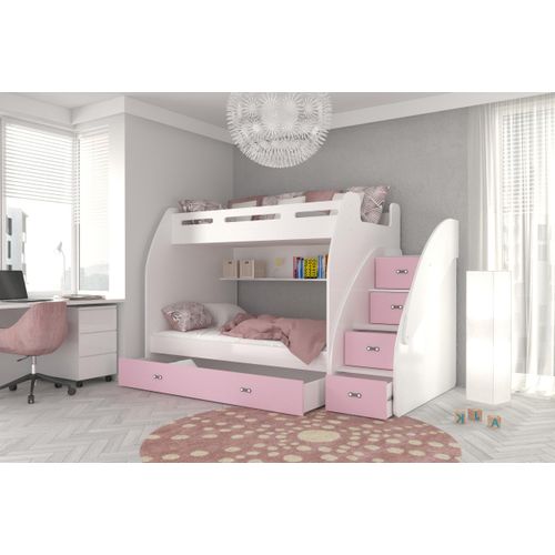 Hochbett, Kinderbett , Etagenbett ZU mit Matratze , Farbe Weiß/Rosa. Treppe beide seitig montierbar