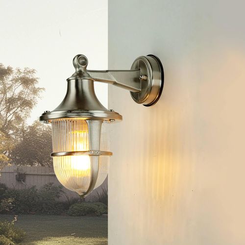 Außenwandleuchte SANTORIN aus Messing Riffelglas maritim in Nickel IP64 Außenlampe Hoflampe