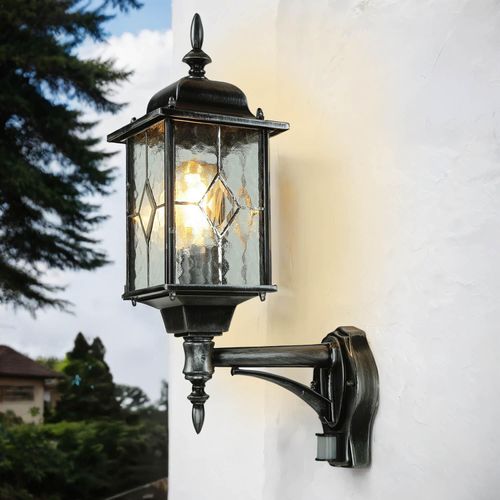 Rustikale Außenleuchte mit Bewegungsmelder Schwarz Silber Glas Metall Vintage Hoflampe Haus Wand