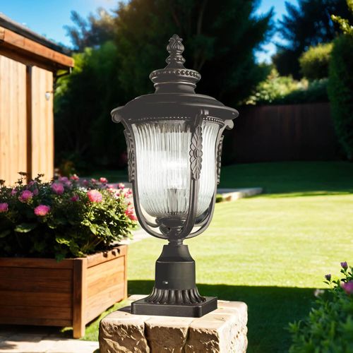 Rustikale Gartenlampe Stehend aus Metall Riffelglas opulent verziert Vintage Lampe Außenleuchte