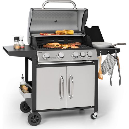 Klarstein Gasgrill mit Großer Grillfläche, Gasgrill 1 Seitenbrenner & 4 Brenner, 17,1kW Edelstahl-Gasgrill, BBQ Gasgrill für Balkon & Garten, Grill für Propan, Gasgrills mit 5 Brenner & Thermometer
