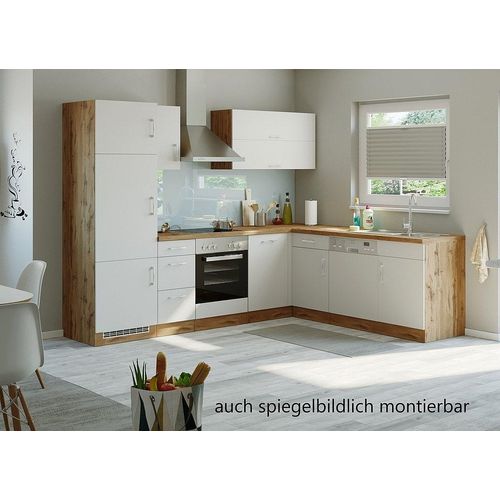 Winkel Eck Küche Sorrento in weiß 270 x 210 cm mit Herd Glaskeramik Kochfeld Geschirrspüler Kühlschrank Dunsthaube und Spüle