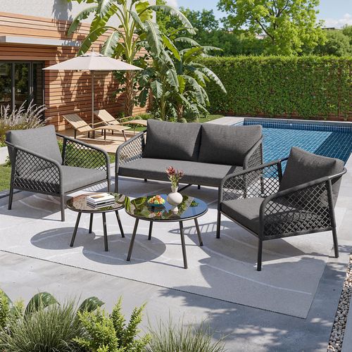 MODFU Gartenmöbel-Sets Garten-Lounge Set,Loungemöbel,Balkonmöbel,Gartenmöbel-Set aus Seil,Outdoor-Sofa-Set,Tischplatte aus glattem Glas,Grau
