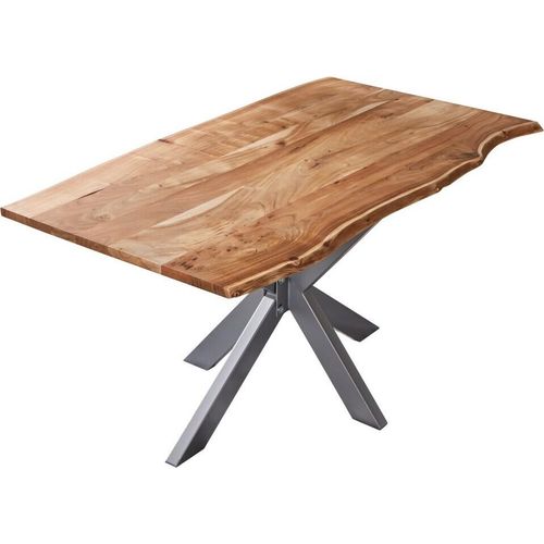 Esstisch Baumkante massiv Akazie natur 140 x 80 cm Spidergestell silber BENNI