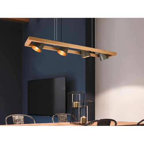 LED Pendelleuchte 4-flammig mit Holzbalken, Beleuchtung Esstisch, Kücheninsel