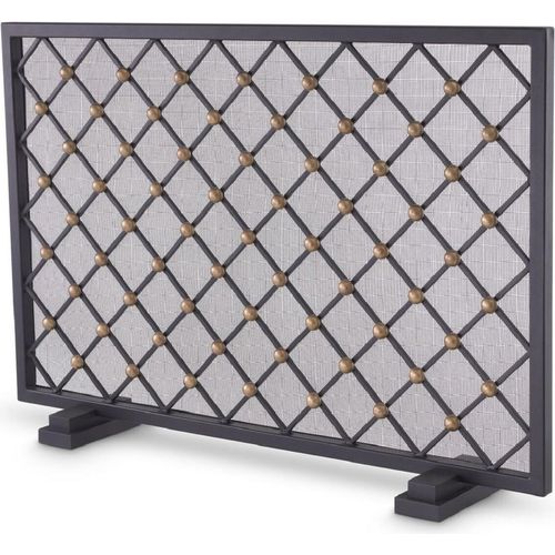 Casa Padrino Luxus Kaminschirm Schwarz / Vintage Messingfarben 84 x 15 x H. 57 cm - Funkenschutz mit Rautenmuster - Luxus Kamin Accessoires