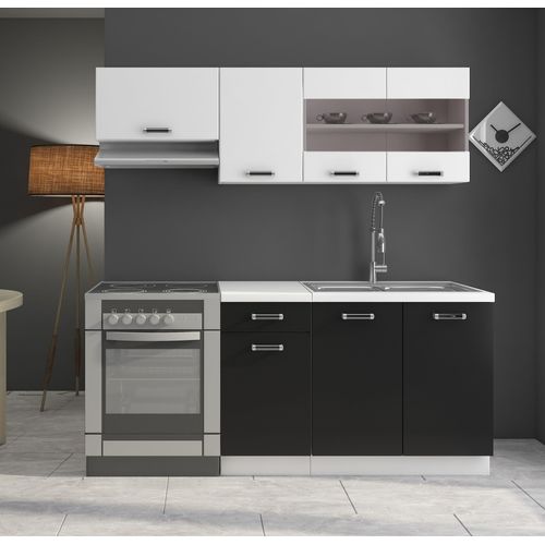 Küche Omega Mini 180 cm Küchenzeile Küchenblock Singleküche Schwarz Weiss