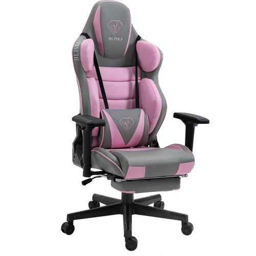 Gaming Stuhl mit Fußstütze und ergonomsichen 4D-Armlehnen gaming chair in ergonomischer Sportsitz Optik Gamer Stuhl mit verstellbaren Rückenstützkissen Bürostuhl,Farbe:Hellgrau / Rosa