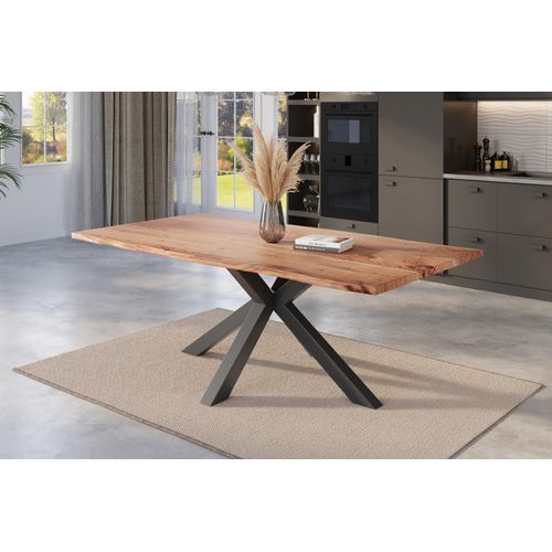 Esstisch Baumkante massiv Akazie natur 180 x 90 cm Spider-Gestell schwarz Kalea
