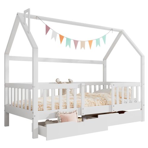Kinderbett Hausbett mit Schornstein Zwei Aufbewahrungsschubladen Robuste Lattenroste Kiefernholz Haus Bett for Kids, 90 x 200 cm ohne Matratze, weiß,