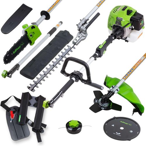 BullPower MF-5206 Multitool 5in1 Heckenschere Motorsäge Motorsense Benzin Rasentrimmer Freischneider Astsäge Hochentaster Oberklasse inklusive 90cm Verlängerung