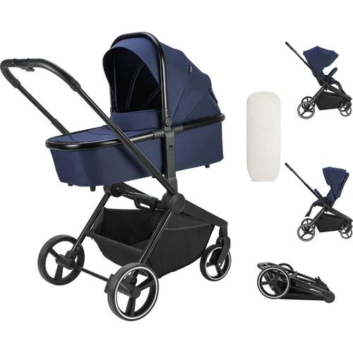 Booboo Jazzi Kinderwagen, 2 in 1 Kombikinderwagen mit Sportwagen + Babywanne, ab Geburt bis 22 kg, leicht, kompakt, große Räder - Navy