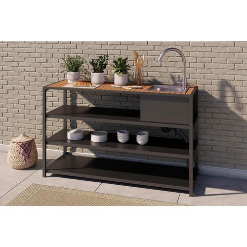 Ambia Garden Outdoorküche , Grau, Natur , Metall, Kunststoff , einzeln stellbar , 150x90x50 cm , Gartenmöbel, Outdoor-Küchen