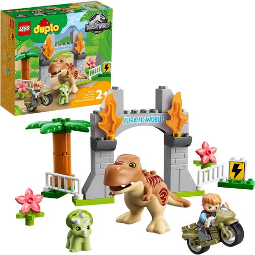 LEGO 10939 DUPLO Jurassic World Ausbruch des T-Rex und Triceratops, Dinosaurier Spielzeug Set für Kleinkinder ab 2 Jahren