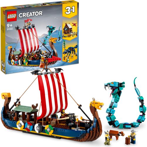 LEGO 31132 Creator 3in1 Wikingerschiff mit Midgardschlange Set, Baue Schiff, Haus, Spielzeug-Wolf mit Tier-Figuren, Konstruktionsspielzeug für Kinder, Geburtstagsgeschenk für Jungen und Mädchen