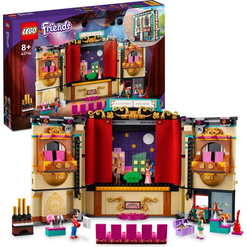 LEGO 41714 Friends Andreas Theaterschule, Puppenhaus in Heartlake City, kreatives Spielzeug mit 4 Mini-Puppen und Theater-Zubehör wie Musikinstrumente und Kostüme, Geschenk für Kinder ab 8 Jahre