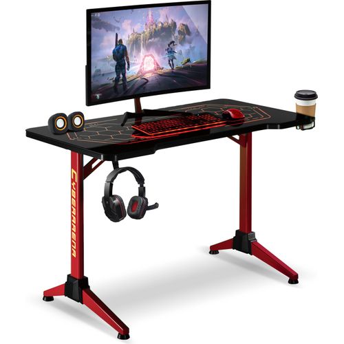 Gaming Tisch Schreibtisch mit Großer Oberflächemit Verstellbarer RGB-LED-Hintergrundbeleuchtung Getränkehalter Kopfhörerhalter 120cm Computertisch Spieltisch