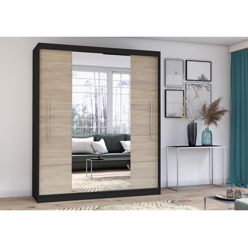 Schwebetürenschrank Kleiderschrank Schrank 204cm SCHWARZ/SONOMA mit zwei Spiegeln und Zierleisten Torino