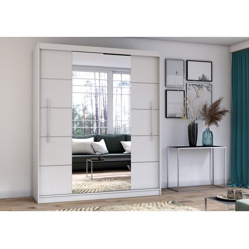 Schwebetürenschrank Kleiderschrank Schrank 204cm WEISS/WEISS mit zwei Spiegeln und Zierleisten Torino
