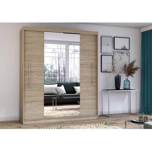 Schwebetürenschrank Kleiderschrank Schrank 204cm SONOMA/SONOMA mit zwei Spiegeln und Zierleisten Torino