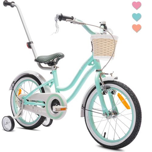Mädchen fahrrad 16 Zoll Glocke Zusatzräder Schubstange Heart Bike Türkis