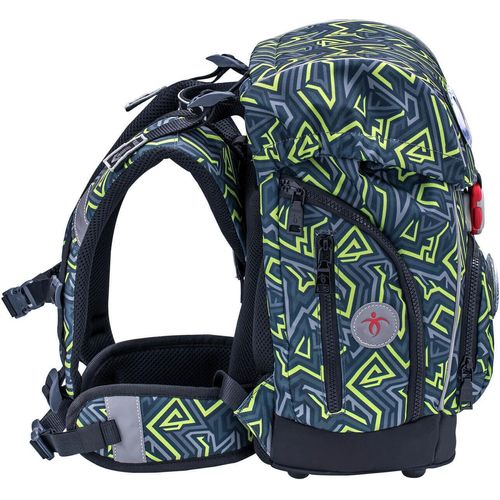 Belmil Premium ergonomischer Schulranzen Set 5 -teilig für Jungen Für kleine Kinder, Erstklässler mit Patch Set/Brustgurt, Hüftgurt/Magnetverschluss/Grün, Grau (405-73/P/S Iguana)