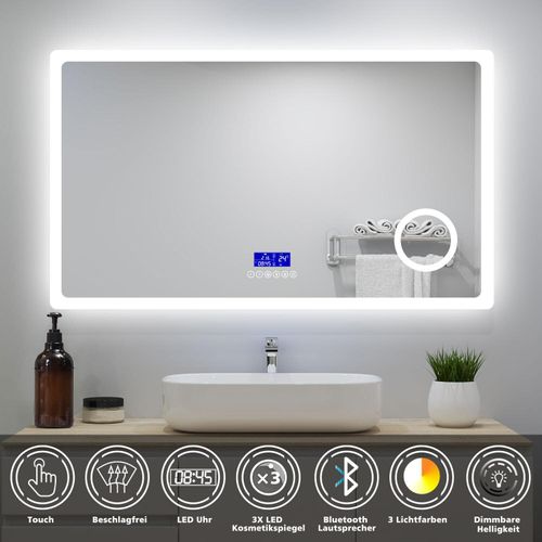 AICA LED Badspiegel mit Bluetooth 140x80cm Uhr Beschlagfrei Badezimmerspiegel 3 Lichtfarbe Dimmbar 3-Fach Vergrößerung Schminkspiegel