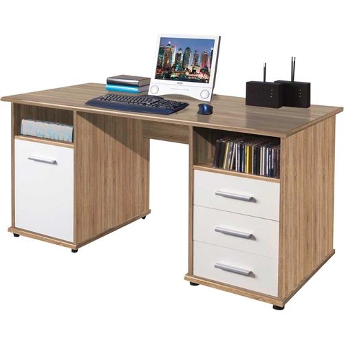 Schreibtisch - Eichedekor Sonoma - 145 x 70 cm - 1 Tür - 2 Ablageflächen - 3 Schubladen