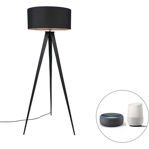 QAZQA - Modern Smarte Stehleuchte I Stehlampe I Standleuchte I Lampe I Leuchte schwarz mit schwarzem Schirm inkl. WLAN A60 - Ilse Dimmer I Dimmbar I Wohnzimmer I Schlafzimmer - Stahl Länglich - LED ge