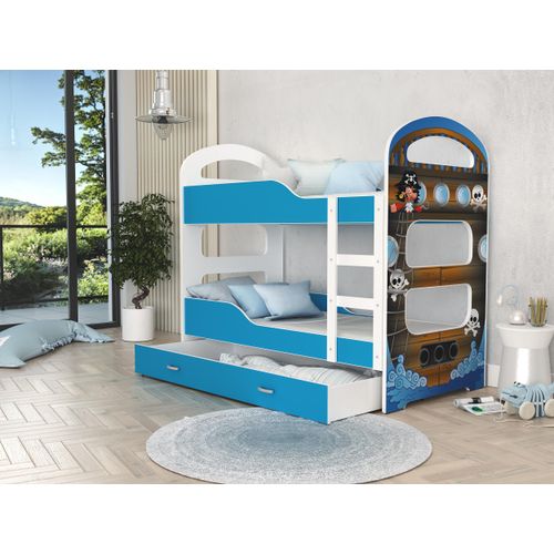 MEBLITO Kinderbett Hochbett Amigo Etagenbett Doppelbet Stockbett mit Zeichnungen Leiter 160x80 Blau Muster mit Piraten Mit Matratze
