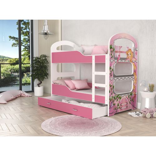 MEBLITO Kinderbett Hochbett Amigo Etagenbett Doppelbet Stockbett mit Zeichnungen Leiter 190x80 Rosa Prinzessinnenmuster Mit Matratze