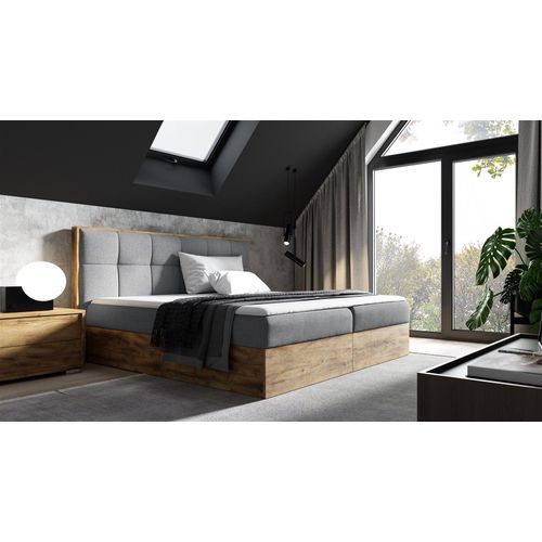 Boxspringbett Bett THANOS 180x220cm Lancelot Eiche Stoff Grau inkl. Bettkasten