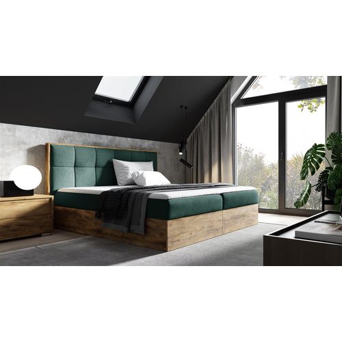 Boxspringbett Bett THANOS 200x200cm Lancelot Eiche Stoff Grün inkl. Bettkasten
