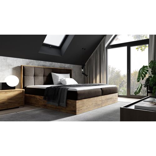 Boxspringbett Bett THANOS 200x200cm Lancelot Eiche Stoff Braun inkl. Bettkasten