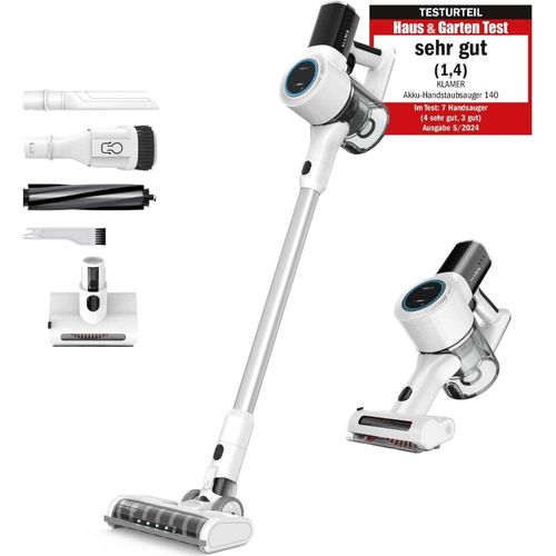 KLAMER Akkustaubsauger, 420 Watt Kabelloser, 2 Akkus, Flexibler Handstaubsauger mit verschiedenen Aufsätzen mit LED Licht und extra Akku