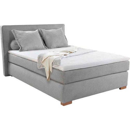 Boxspringbett - 140 x 200 cm - Hellgrau - Cord - mit 1 Kissenrolle und 2 kl. Kissen