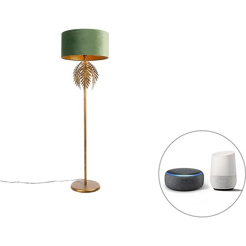 QAZQA - Landhaus I Vintage Smarte Stehleuchte I Stehlampe I Standleuchte I Lampe I Leuchte Gold I Messing mit grünem Schirm inkl. WLAN A60 - Botanica Dimmer I Dimmbar I Wohnzimmer I Schlafzimmer - Sta