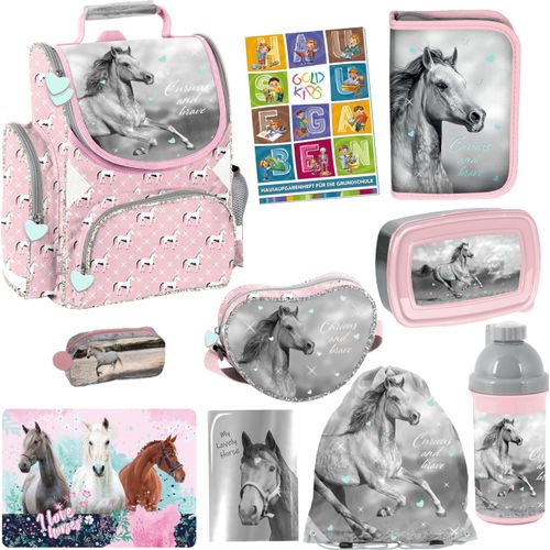 Set 10er Schulranzen Ranzen Tornister Schulrucksack Federmappe Turnbeutel Brotdose Tagebuch Trinkflasche Malunterlage Stiftetasche Aufgabenheft Pferd Horse Motiv ab 1 Klasse