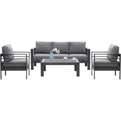 MeXo von GLP HOME Lounge Gartenmöbel 4-Teilige Aluminium Wetterfest für 4-5 Personen, (Gartenlounge Set, Balkonmöbel Set Kleiner Balkon, Essgruppe mit Kissen, 3-Sitzer-Sofa, 2 Sessel, 1 Tisch), Gartengarnitur Sitzgruppe für Terrasse Garten Indoor Outdoor